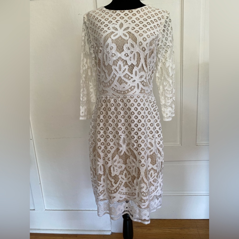 White and Nude Lace Fitted Shift Dress. Mature Wedding. Rehearsal Dress.